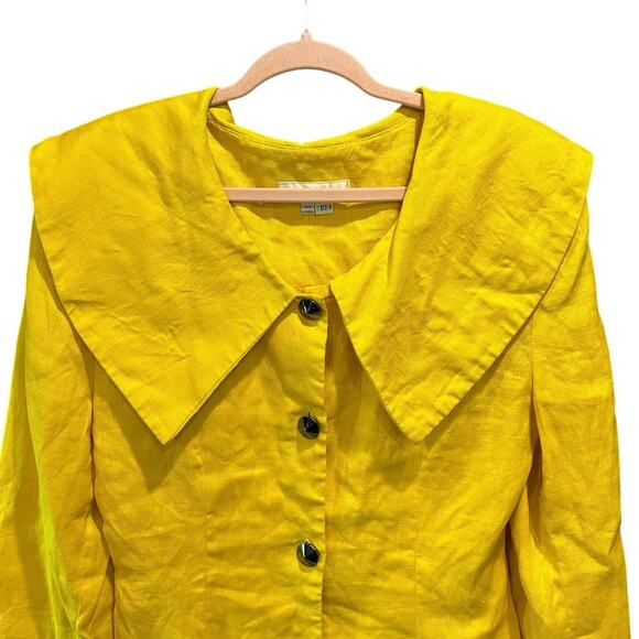 Vintage Bright Yellow 100% Linen Asymmetrical Button Blazer Peter Pan Collar - Picture 4 of 9